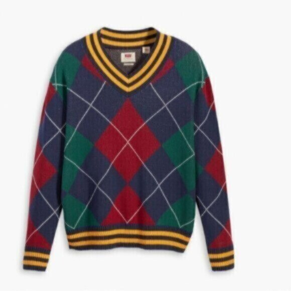 LEVI'S Preppy Argyle RETRO 90's Stay Loose Oversized V-Neck Sweater Sz Large - Picture 1 of 16